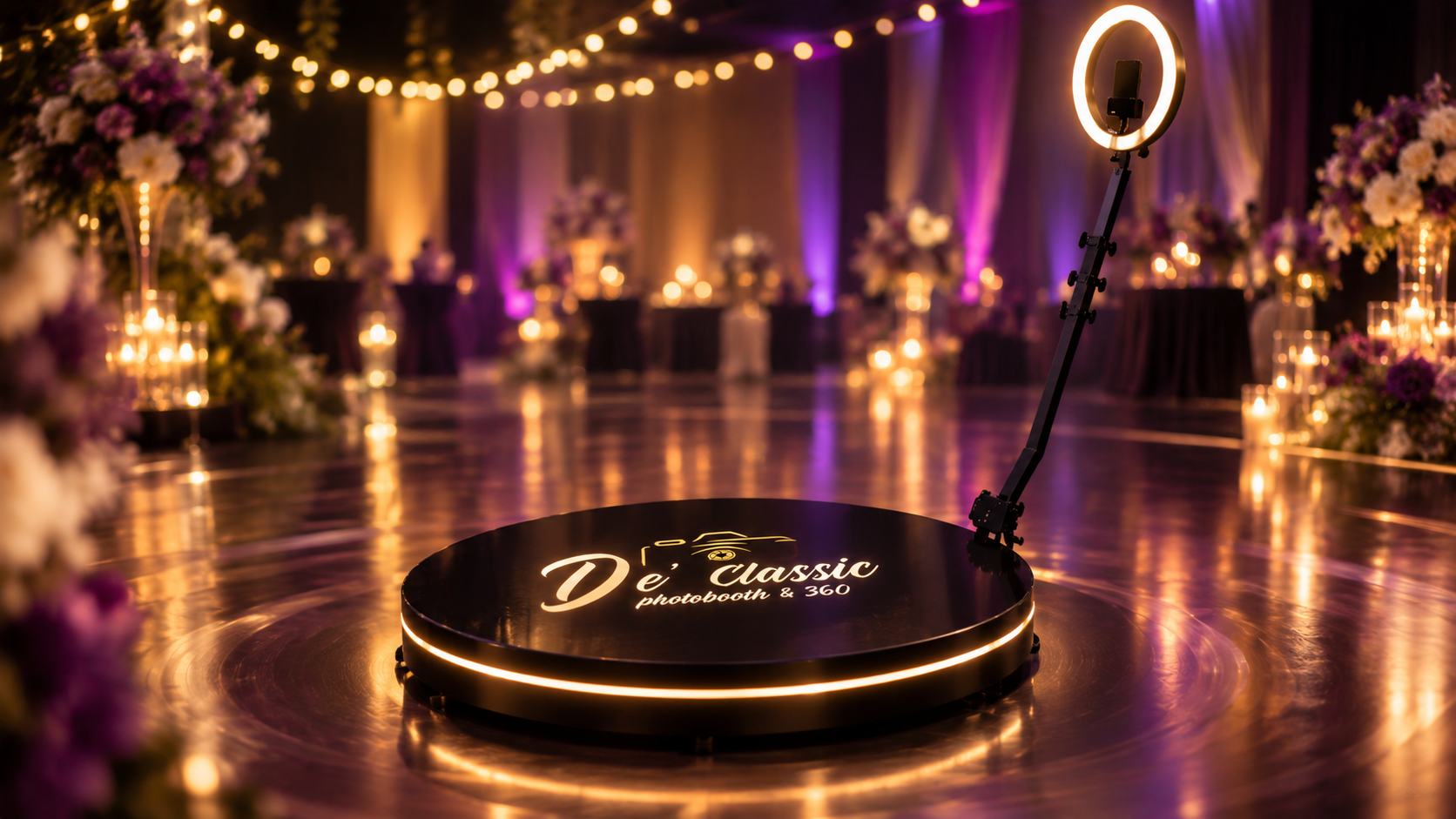 De' Classic 360 photo booth set up on a dance floor at an evening wedding reception, with gold string lights and purple uplighting